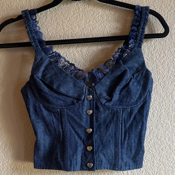 Vintage Denim Lace Crop Top - Picture 1 of 3